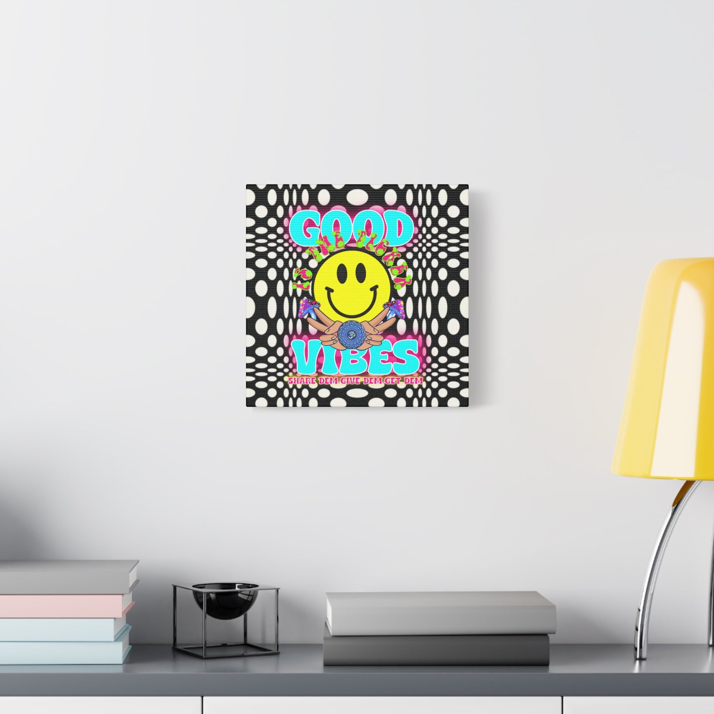 Psychedelic Wall Art with Good Vibes – Trippy Canvas Print Featuring "Good Vibes" & Smiley Faces | Optical Illusion Design | Available in Multiple Sizes