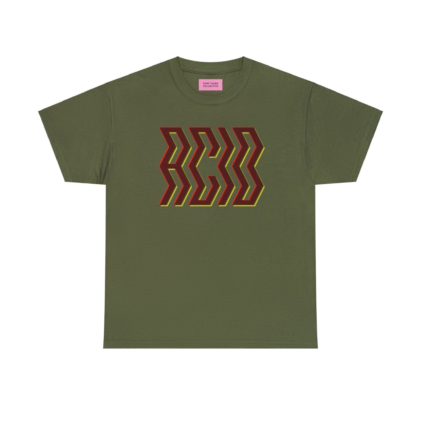 ACID house music t shirt, army green, with large trippy ACID print