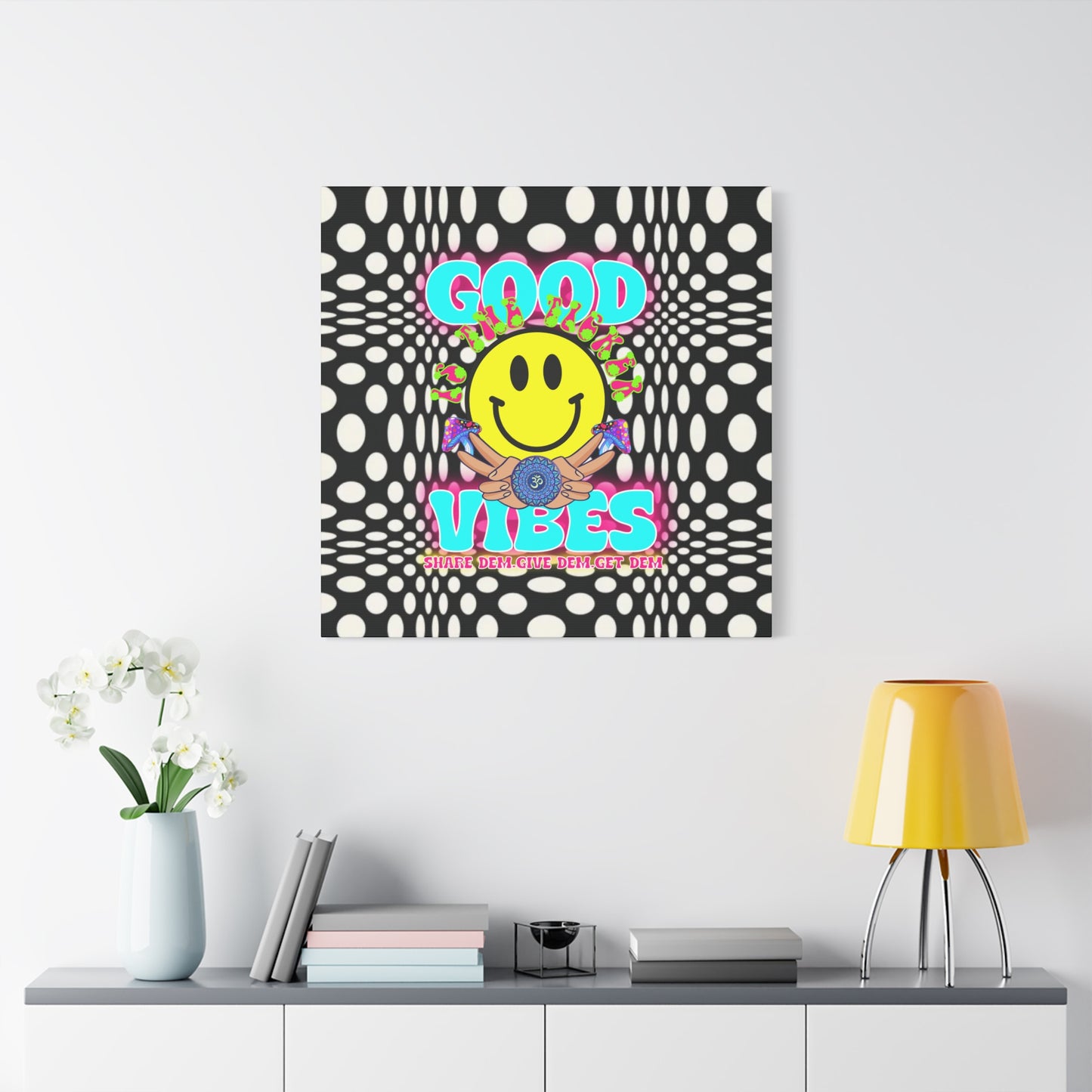 Psychedelic Wall Art with Good Vibes – Trippy Canvas Print Featuring "Good Vibes" & Smiley Faces | Optical Illusion Design | Available in Multiple Sizes