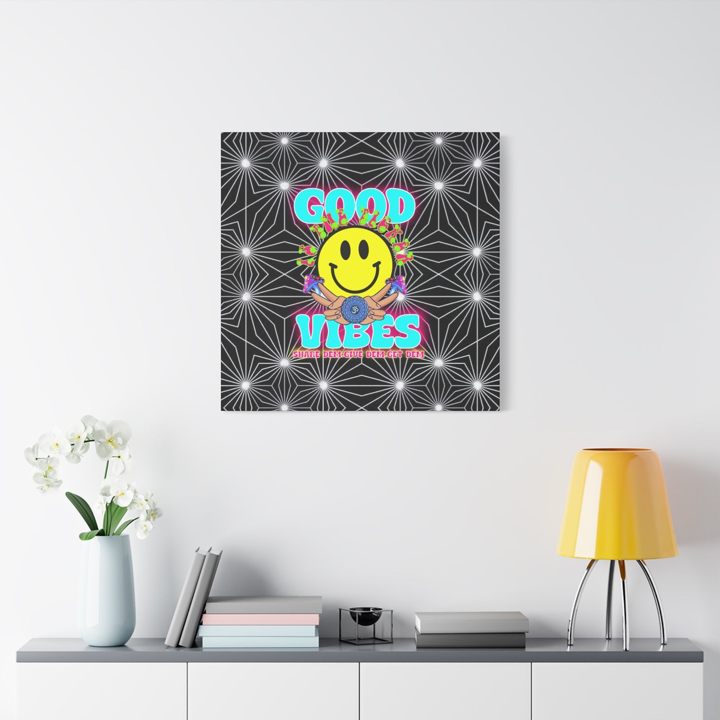 Positive Energy Canvas Print – Trippy Psychedelic Art with "Good Vibes" & Smiley Faces | Optical Illusion Wall Art | Available in Multiple Sizes