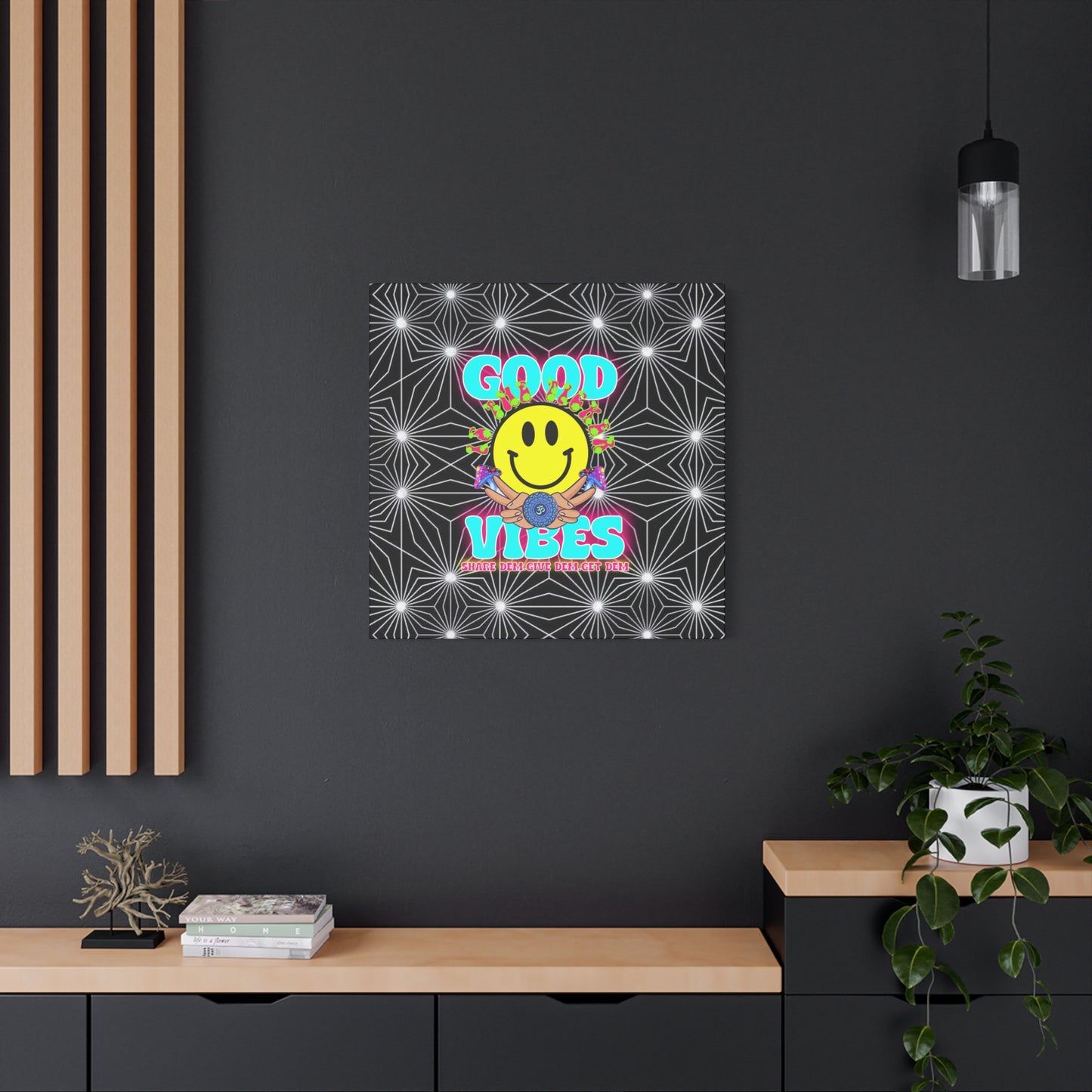 Positive Energy Canvas Print – Trippy Psychedelic Art with "Good Vibes" & Smiley Faces | Optical Illusion Wall Art | Available in Multiple Sizes