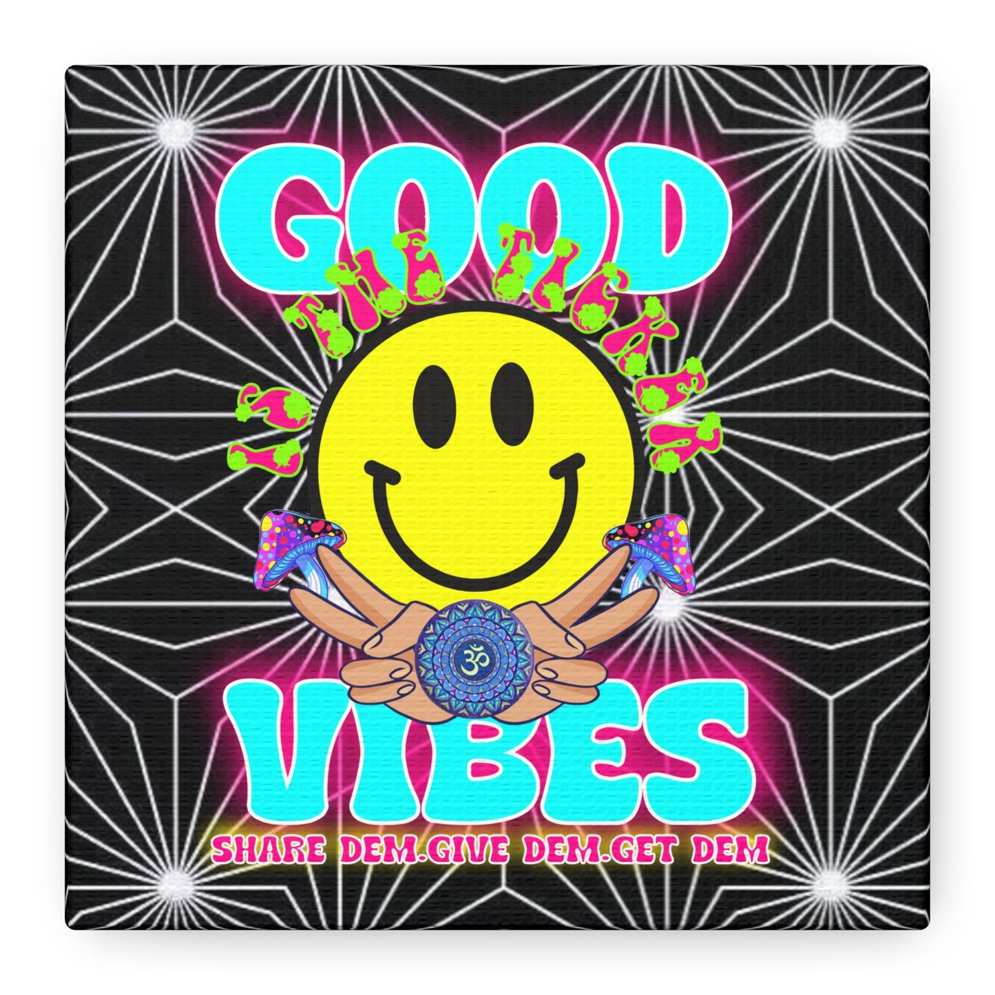 Positive Energy Canvas Print – Trippy Psychedelic Art with "Good Vibes" & Smiley Faces | Optical Illusion Wall Art | Available in Multiple Sizes