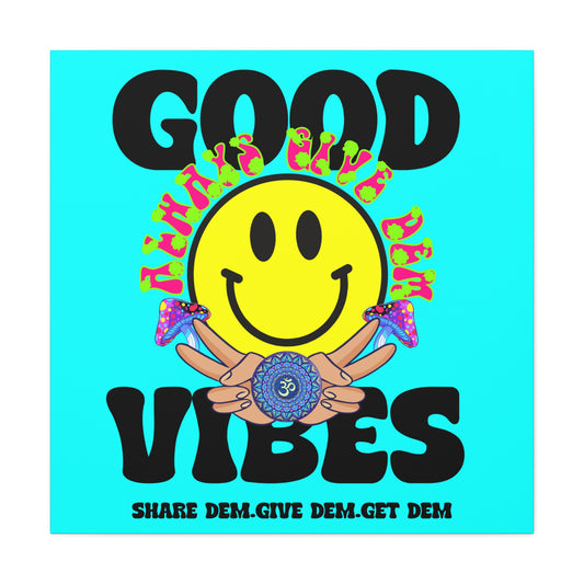 Funky Good Vibes Wall Art Print – Neon Turquoise & Tiffany Blue Canvas with Smiley Faces and Psychedelic Design