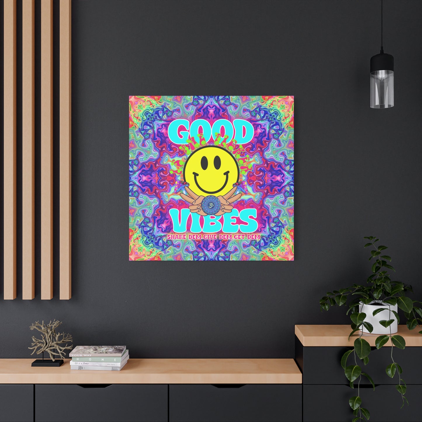 Mandala Good Vibes Wall Art – Psychedelic Canvas Print with "Good Vibes" Text & Smiley Faces | Available in Multiple Sizes | Spiritual & Positive Energy Art