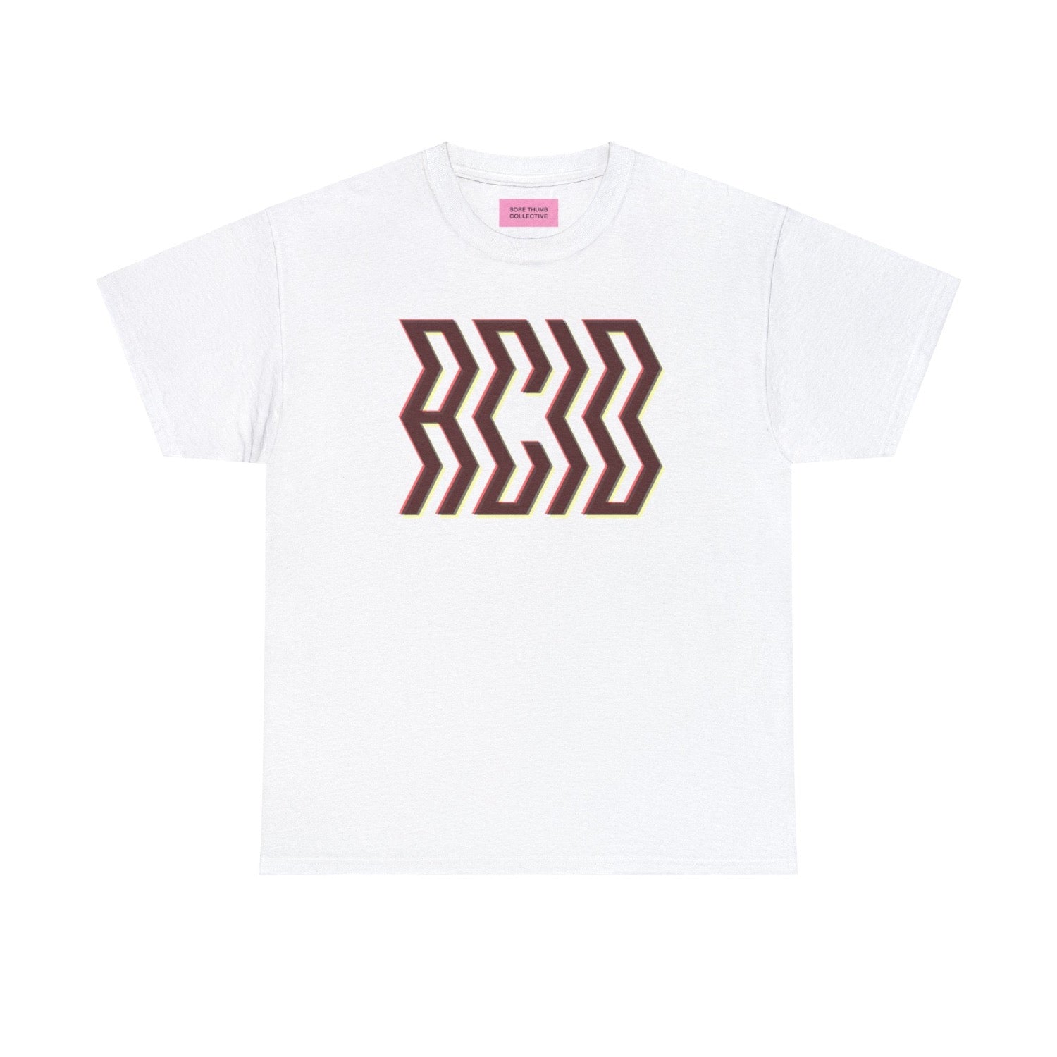 Acid rave t shirt with bold glitch style ACID print with trippy effect.