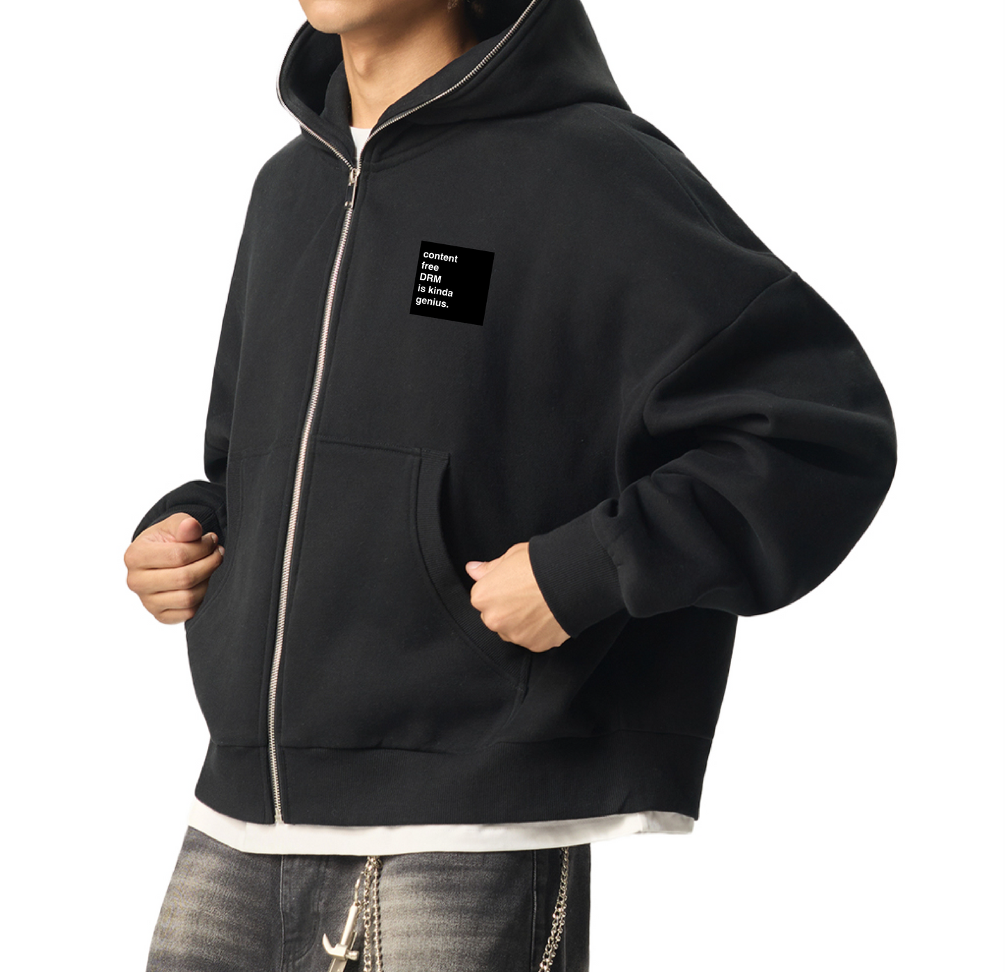 Full-Zip NFT Hoodie (Black) – “Content-Free DRM” Oversized Web3 Streetwear