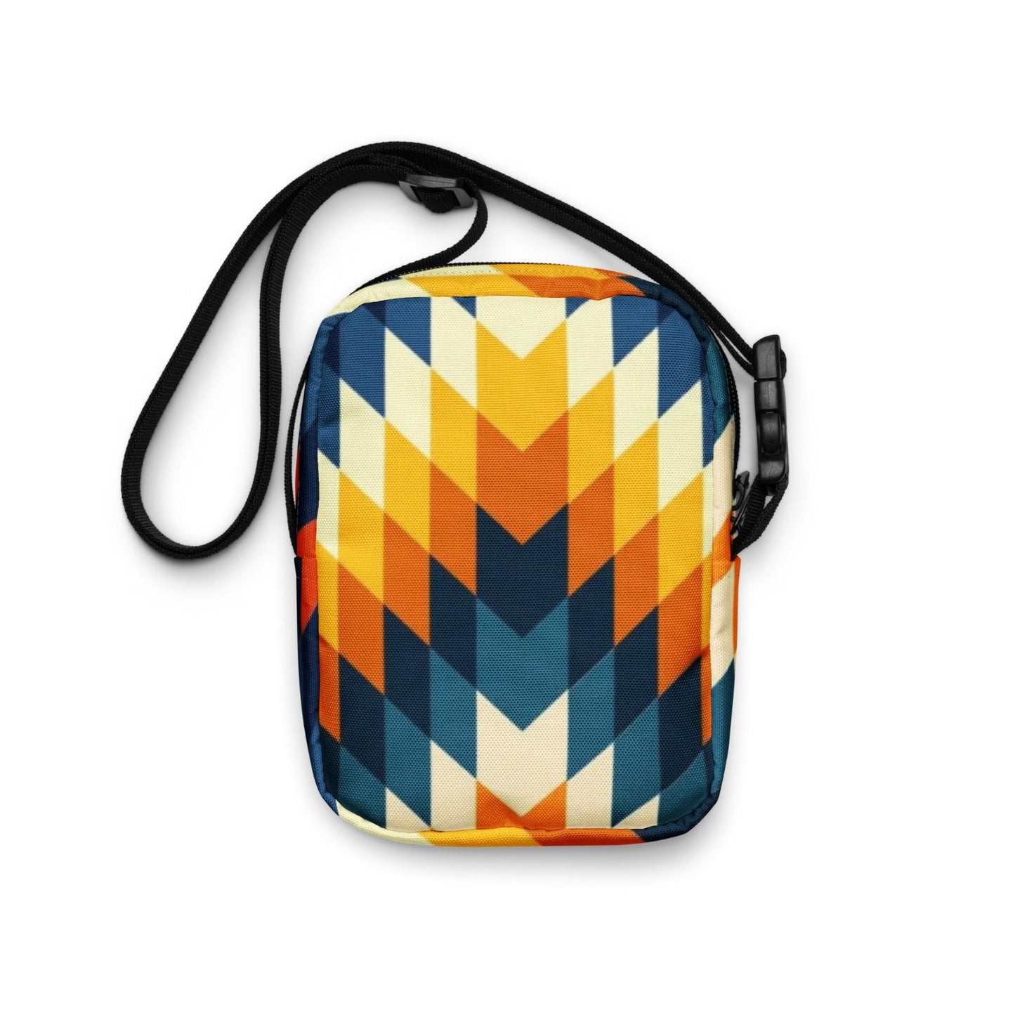 Aztec crossbody bag, orange, yellow and blue, geometric ethnic print, boho festival bag