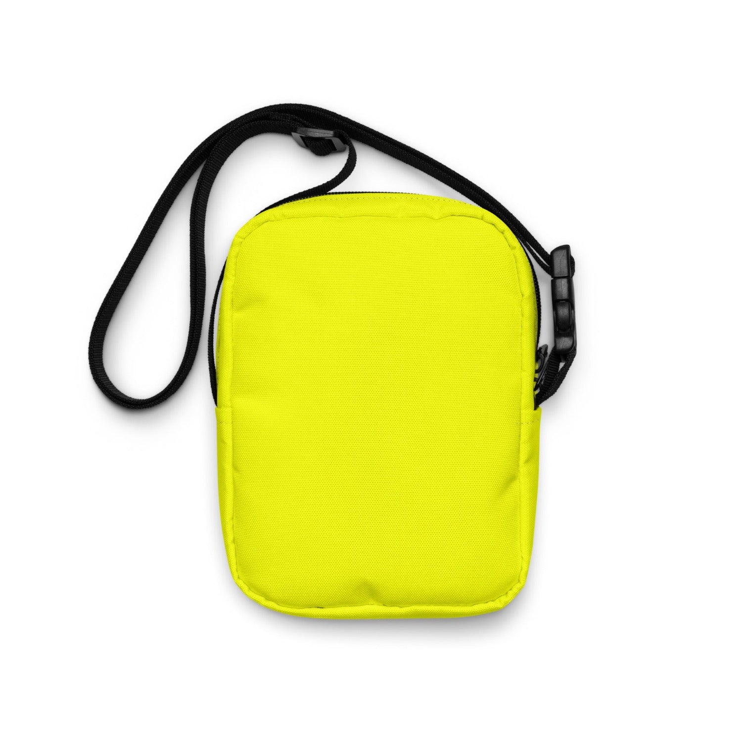 neon yellow rave crossbody bag, rear view, strong strap and inside and outside pockets on the utility shoulder bag