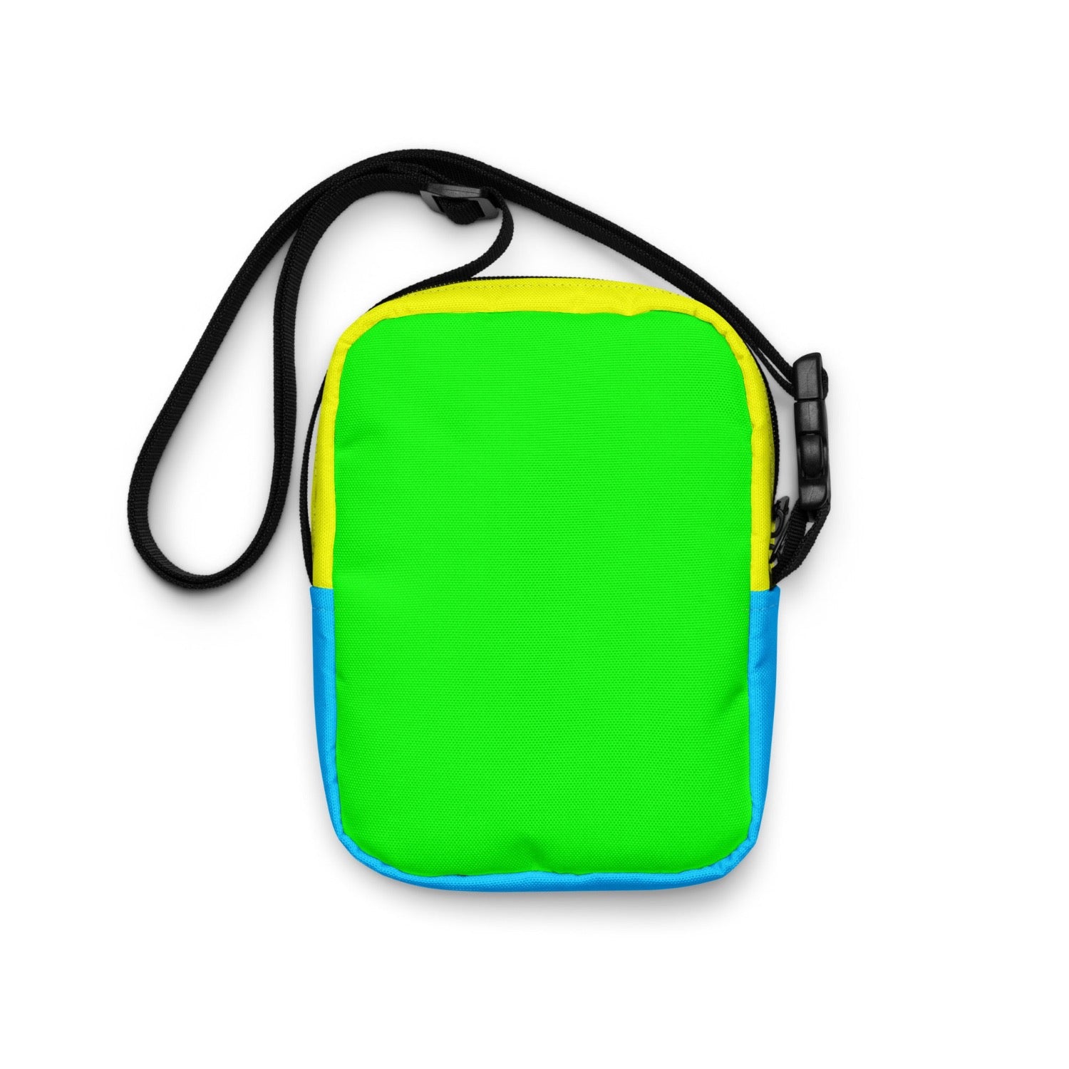 back view of neon crossbody bag, with bright green and colourblock style print, perfect retro cross body bag.