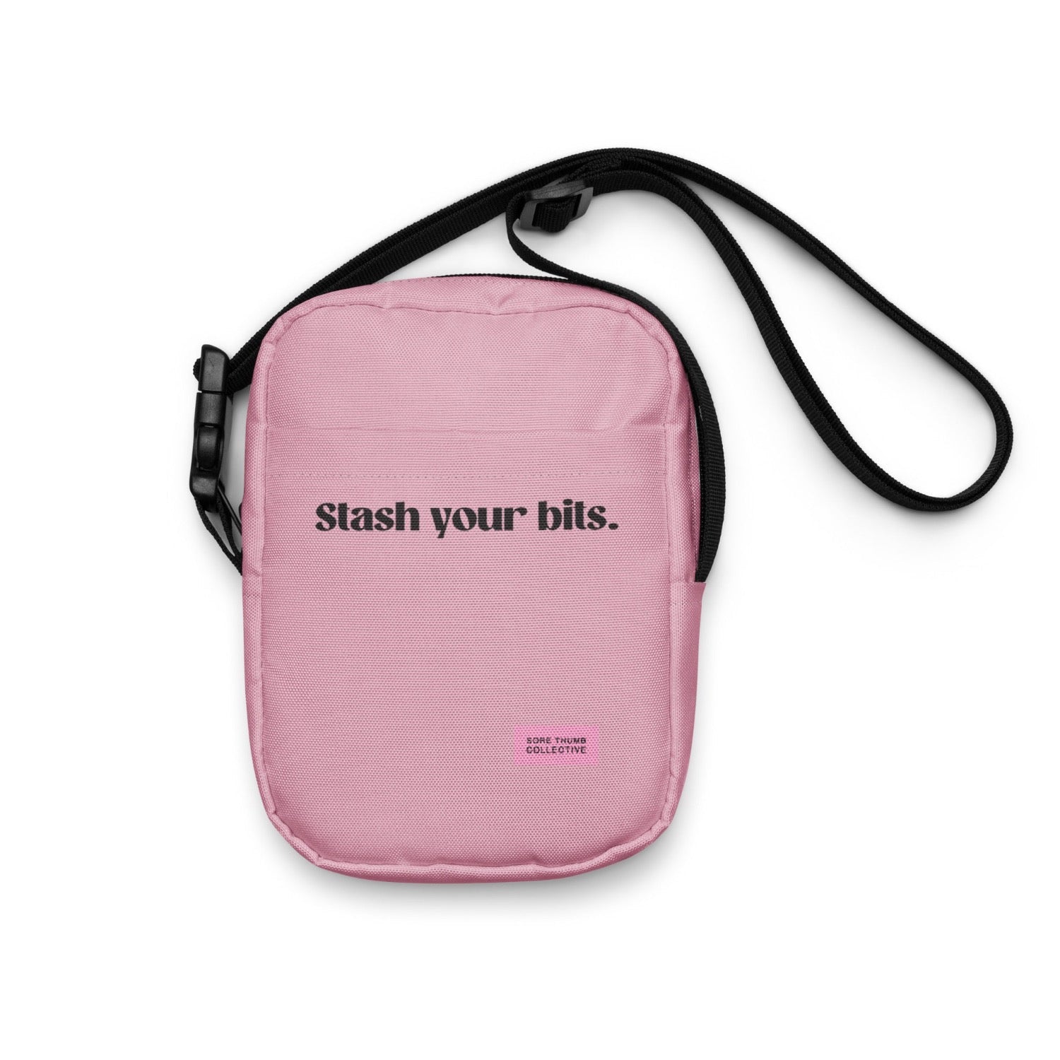 Dusky pink crossbody bag, with slogan print and adjustable strap