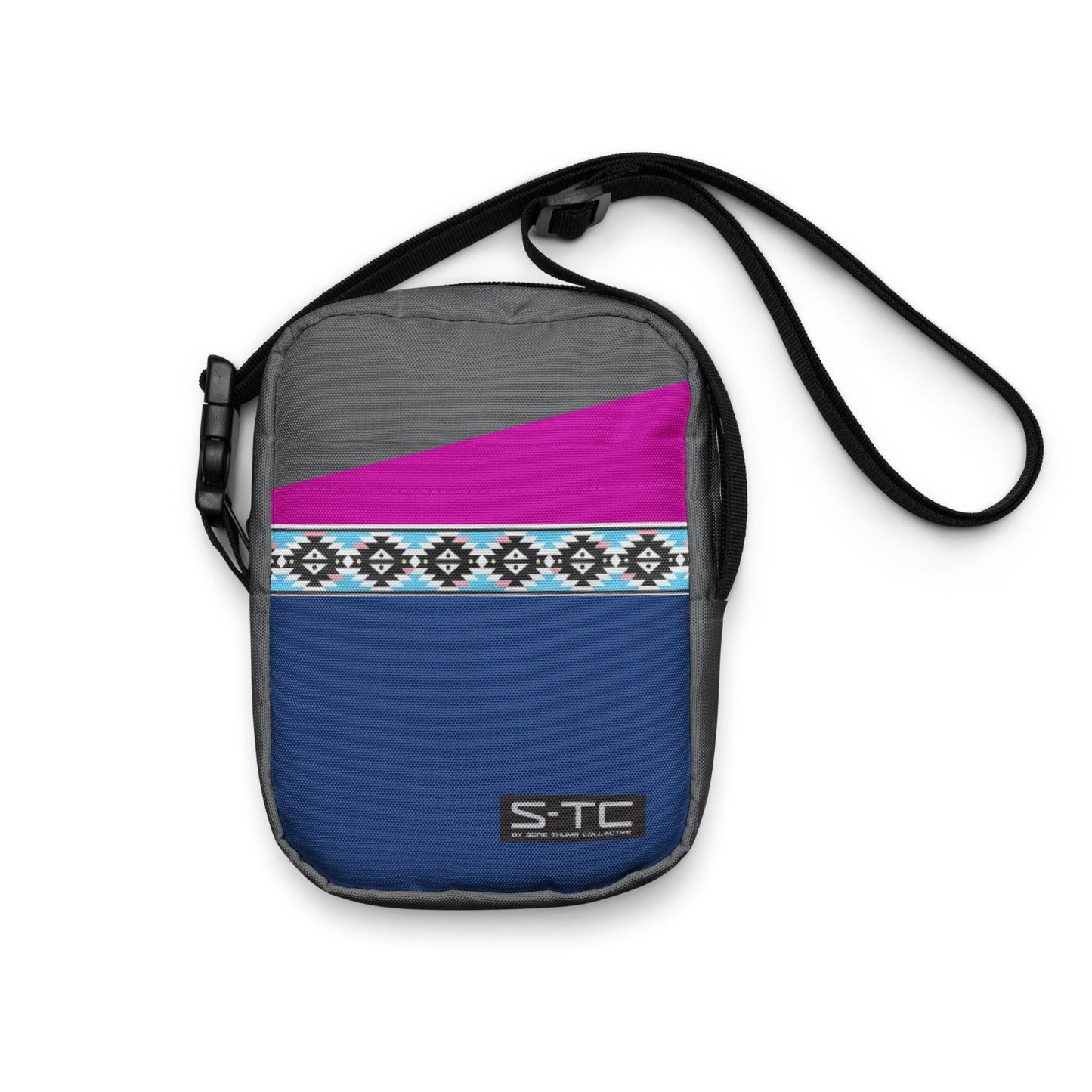 Vintage Style Crossbody Bag, with colour block style, in blue grey and cerise with aztec style trim, inspired by 90s fashion