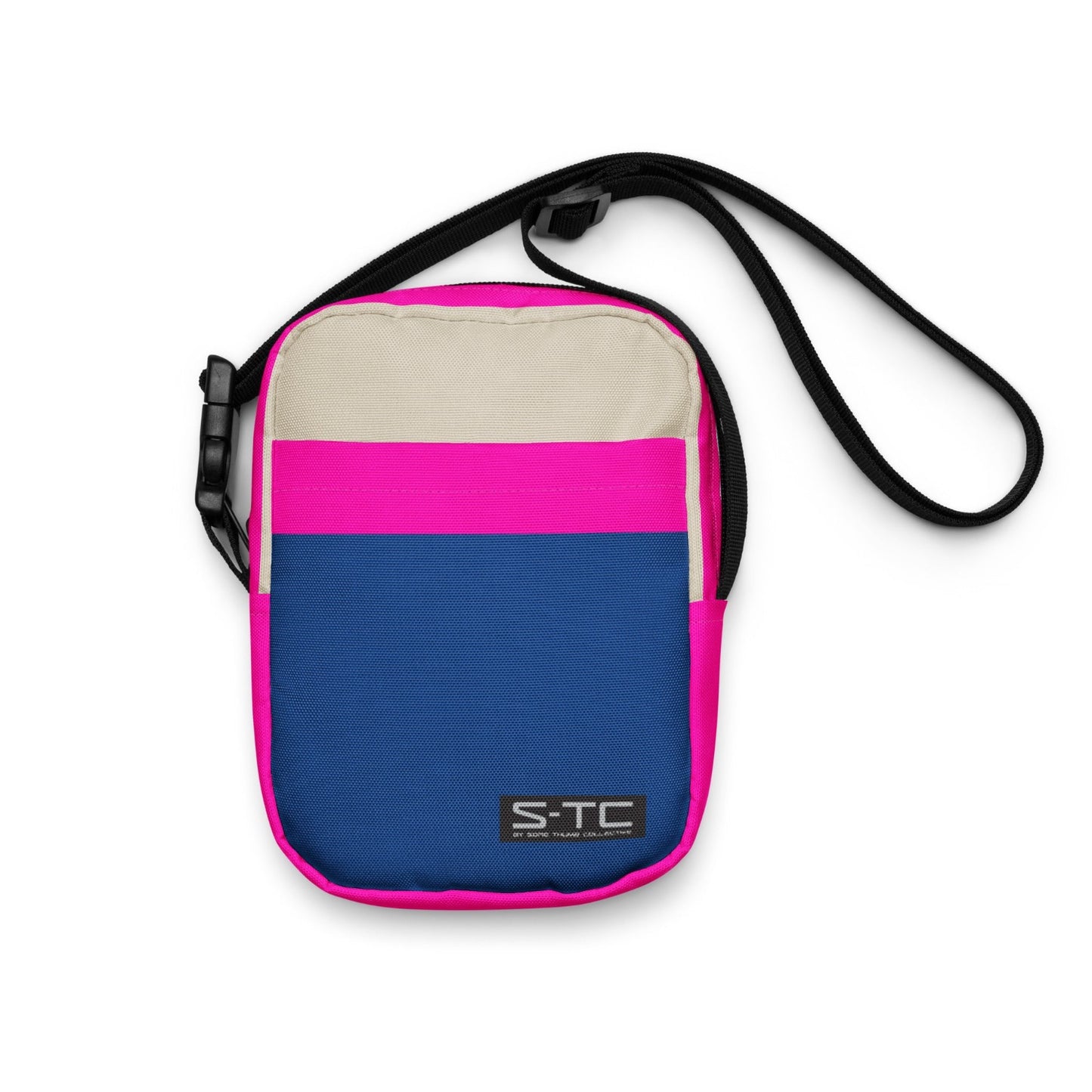 Retro Crossbody Bag, inspired by 90s walking gear, with blue, hot pink and natural colour print, perfect festival cross body bag