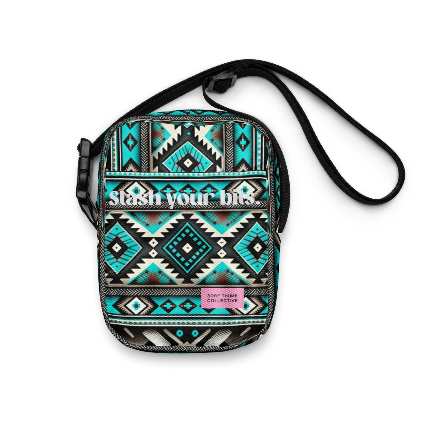 Hippy Crossbody Bag, with green ethnic print, boho festival shoulder bag