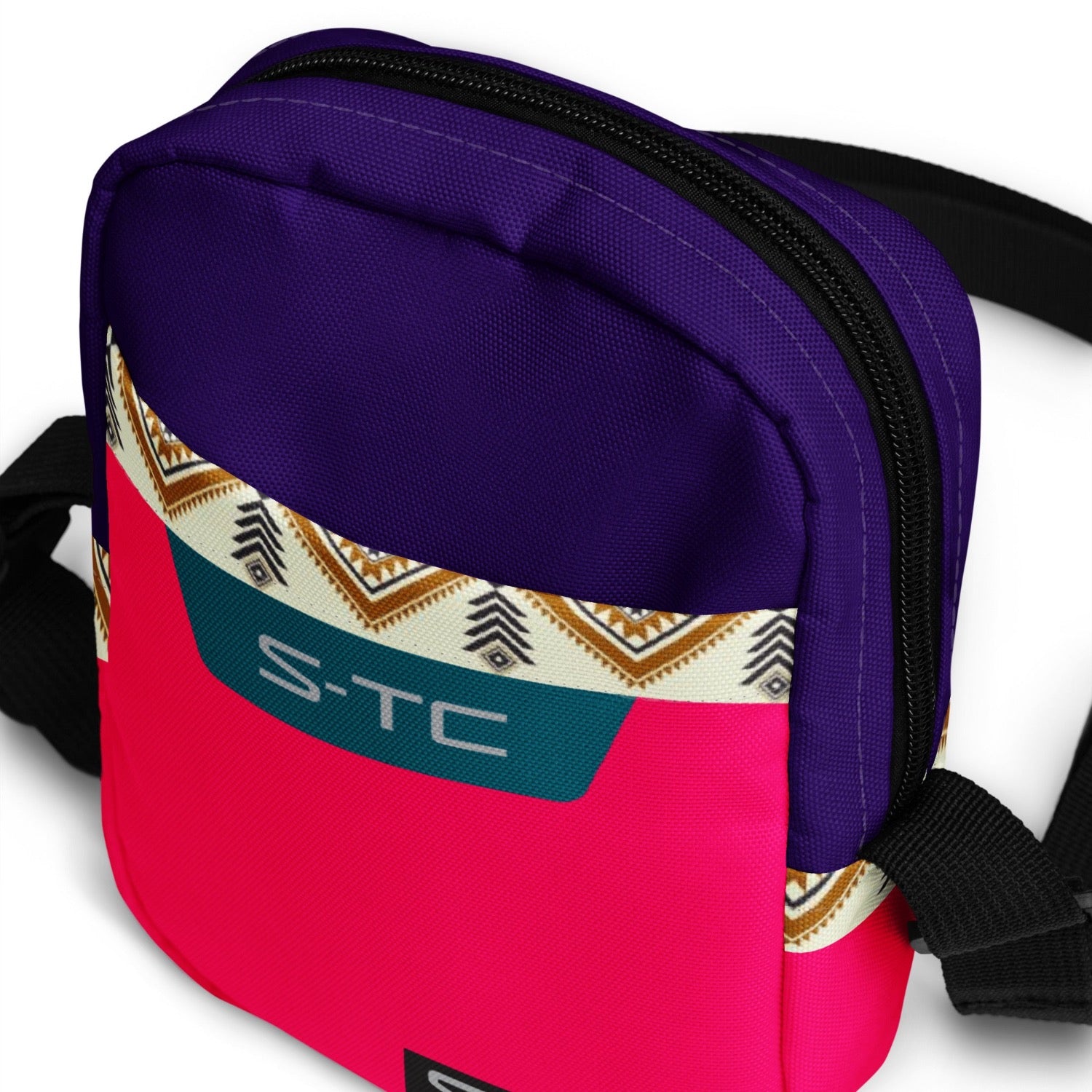 neon retro style nineties crossbody bag, inspired by 90s style, hot pink, purple and with aztec style print trim, inspired by classic brands like berghaus, gorpcore style