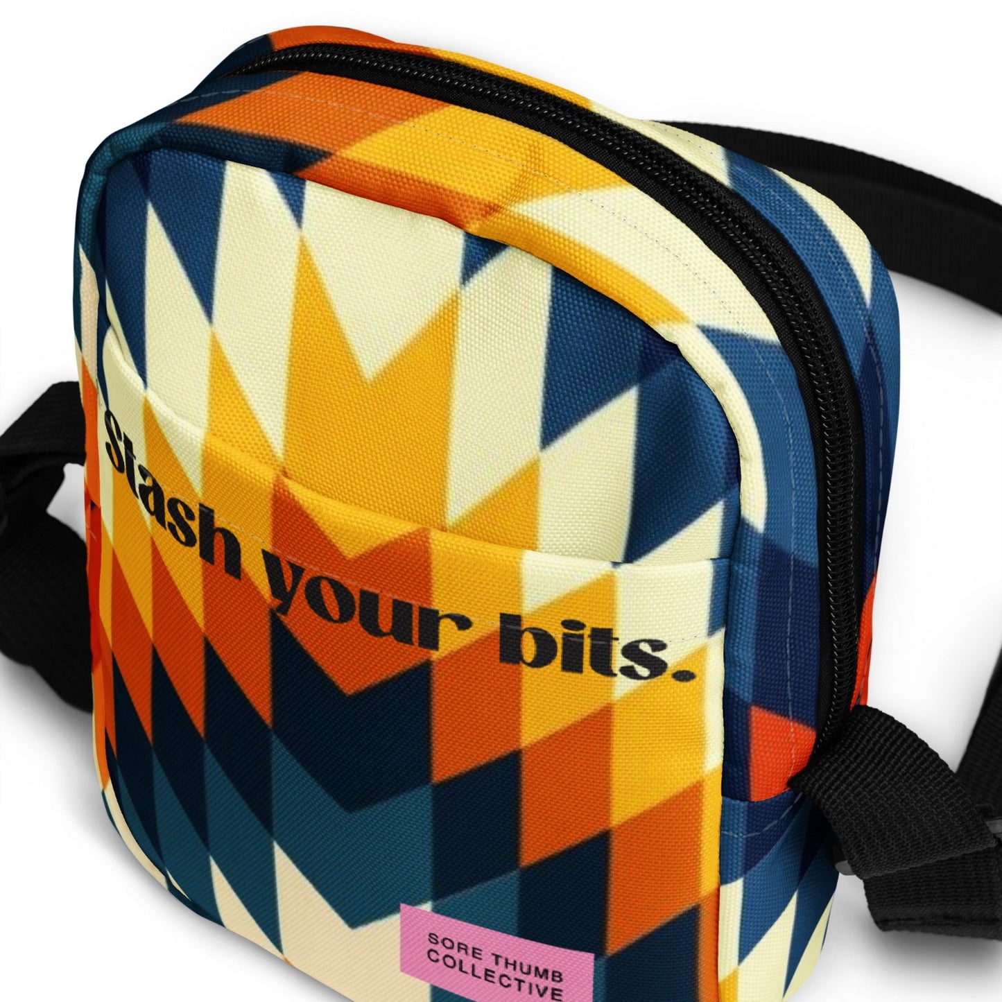 Aztec crossbody bag, bold print bag, with stash your bits slogan printed on front, perfect festival cross body bag, or bag for a rave