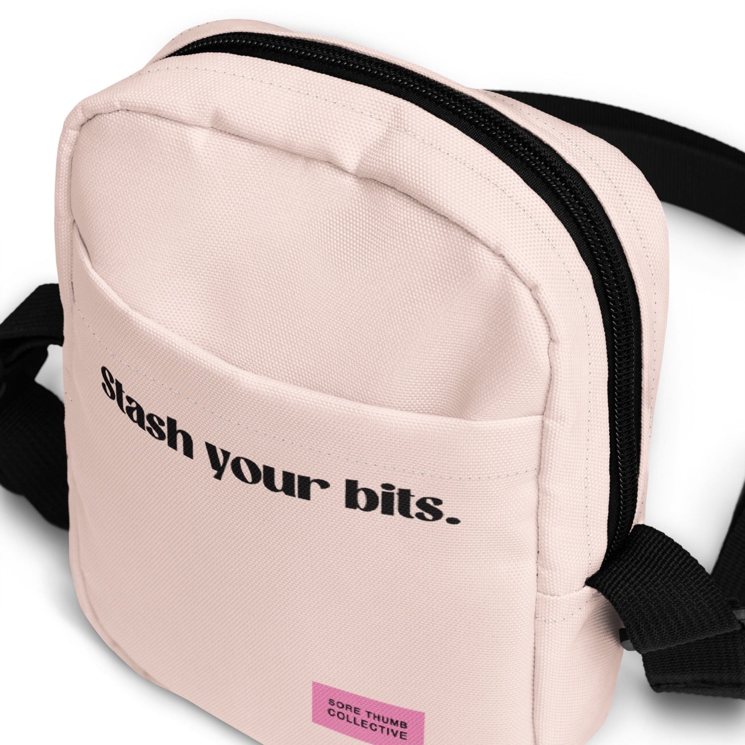 slogan print pale pink crossbody bag, light pink colour utility cross body bag, with strong strap and zip closure