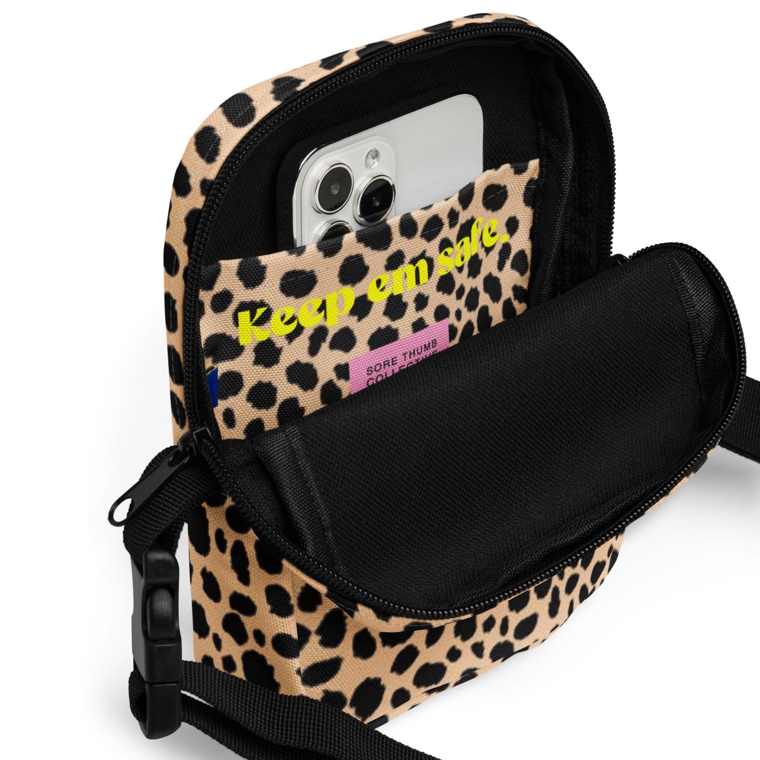 leopard print crossbody bag, inside view with large main space and inside pocket