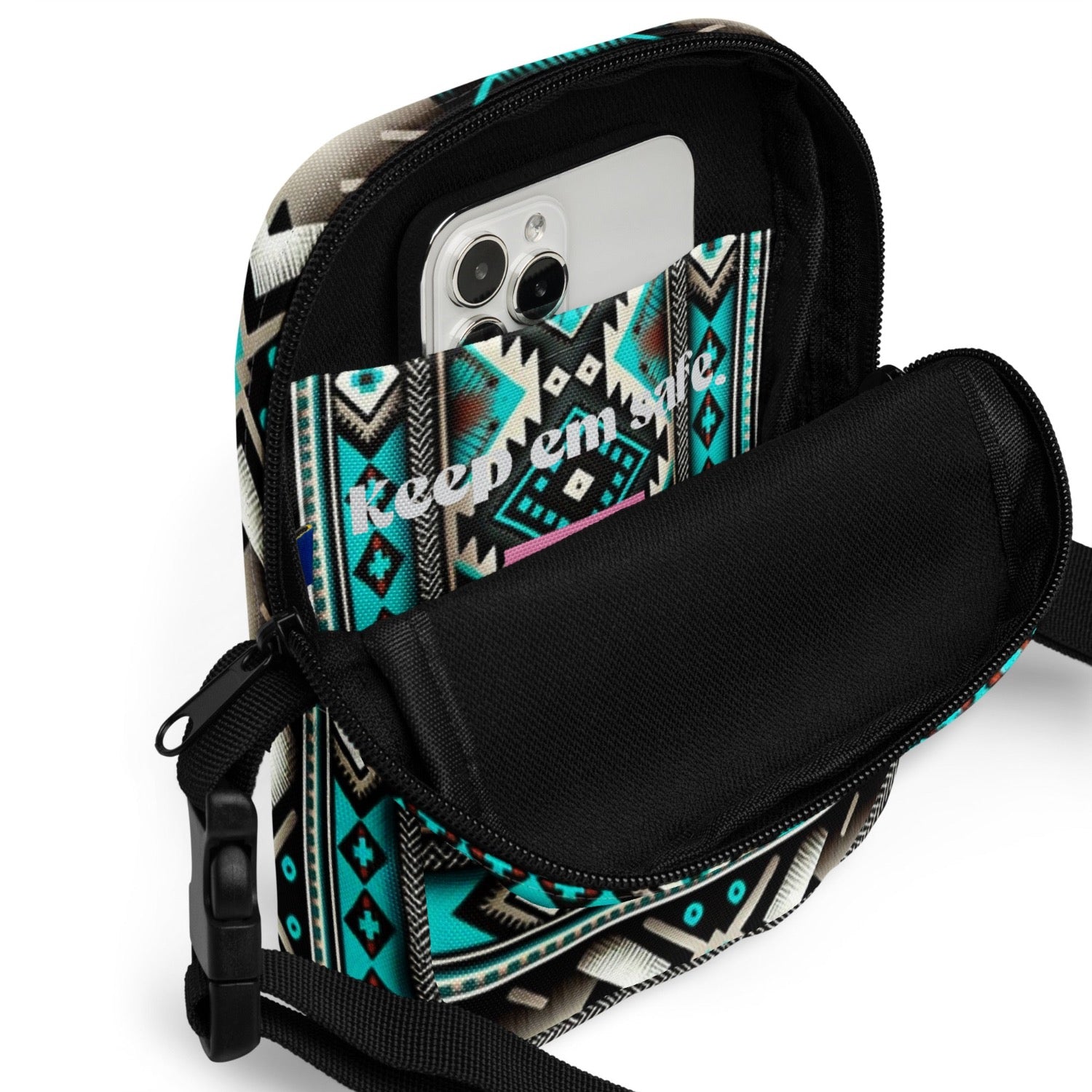 Hippy crossbody bag, utility cross body bag, with inside and outside pocket, all over aztec print and strong strap