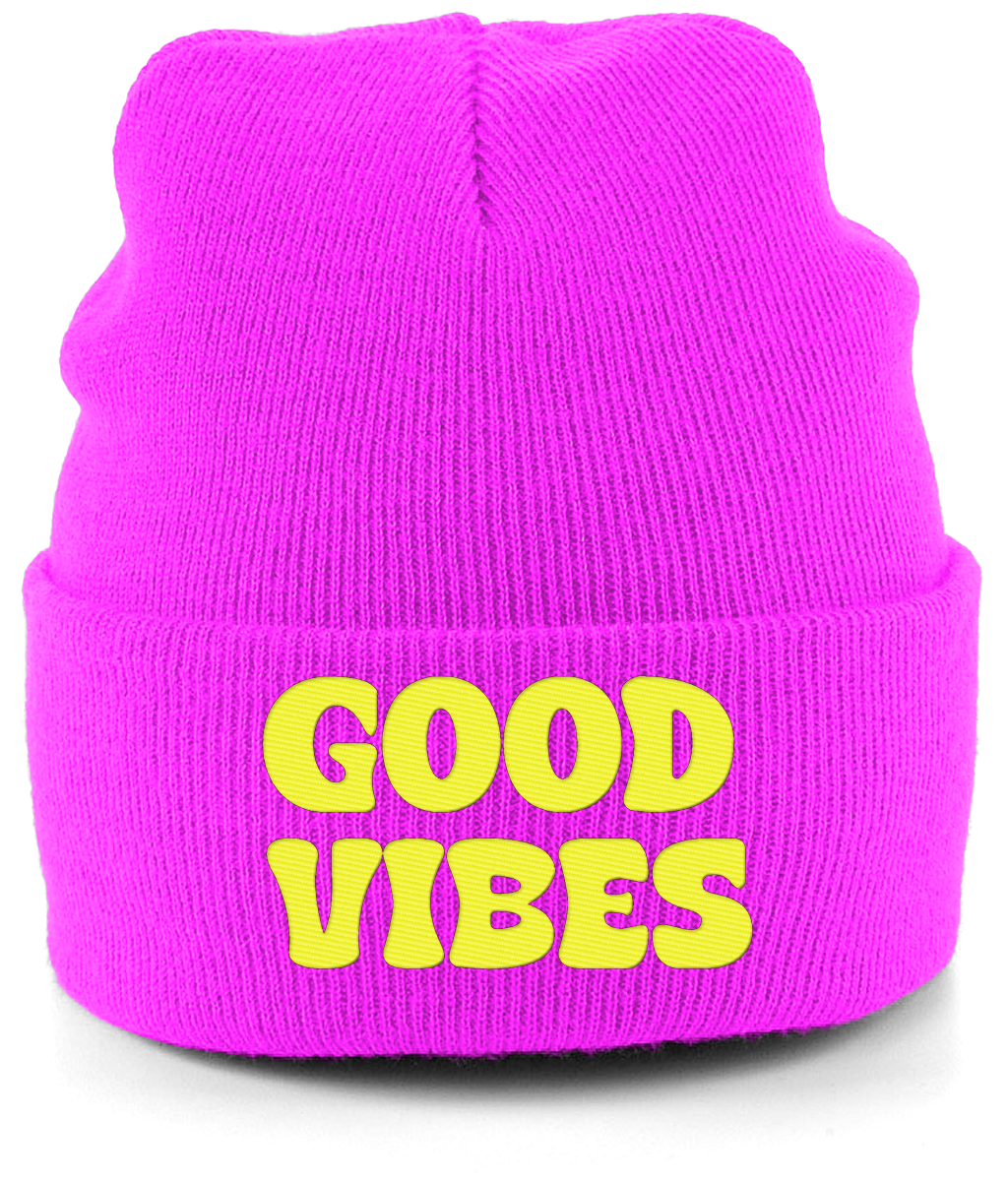 Positive Energy Knit Beanie – Vintage Knitted Hat with Embroidered "Good Vibes" Text | Hot Pink & Bright Yellow | Crypto Merch for Positive Vibes