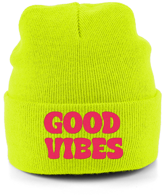 Neon Good Vibes Beanie Hat – Vintage Knitted Beanie with Embroidered "Good Vibes" Text | Neon Yellow & Hot Pink | Crypto Merch for Positive Energy