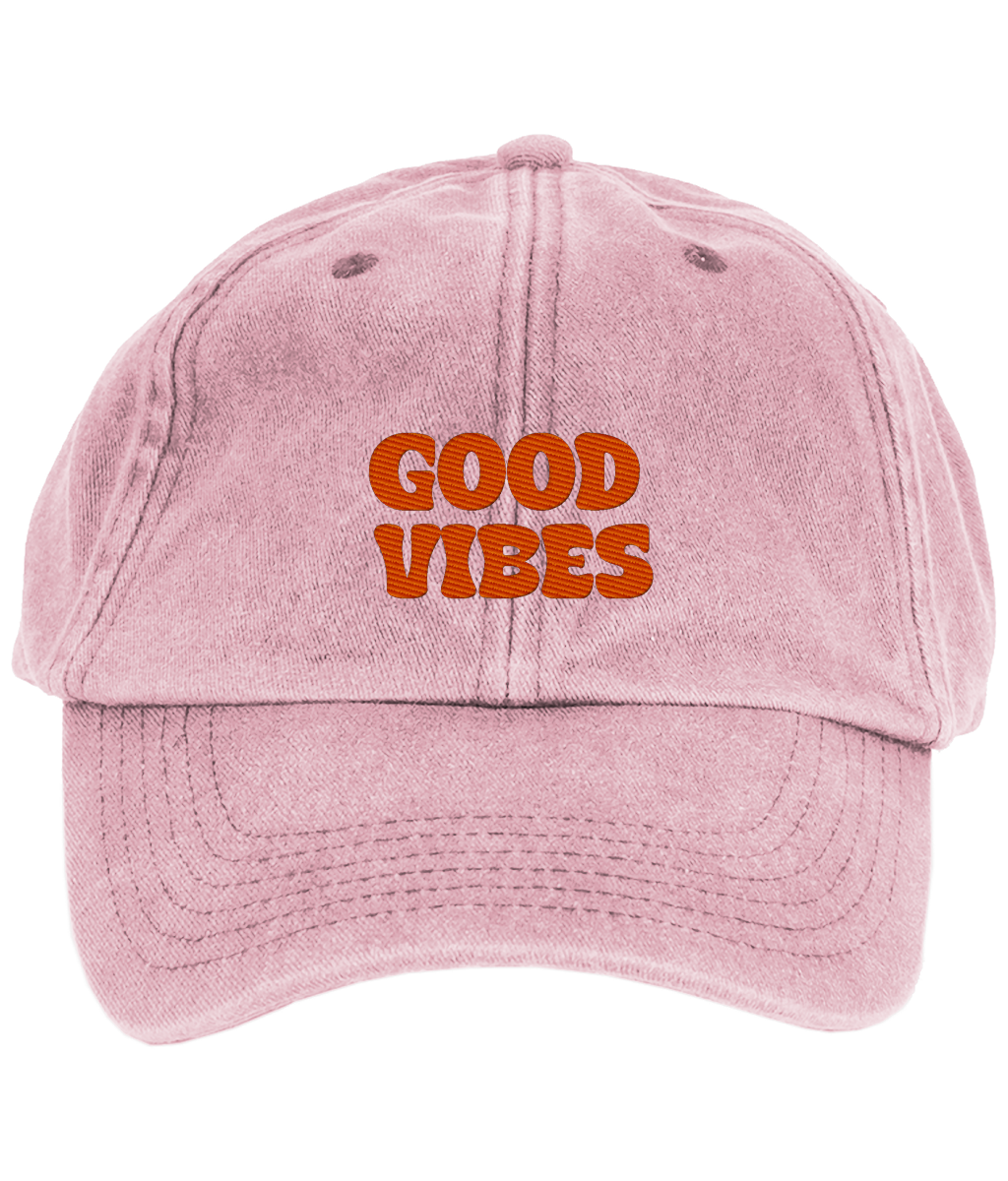 Good Vibes Vintage Denim Cap – Spread Positivity with Embroidered Text | Pale Pink & Red | Limited Edition Crypto Merch