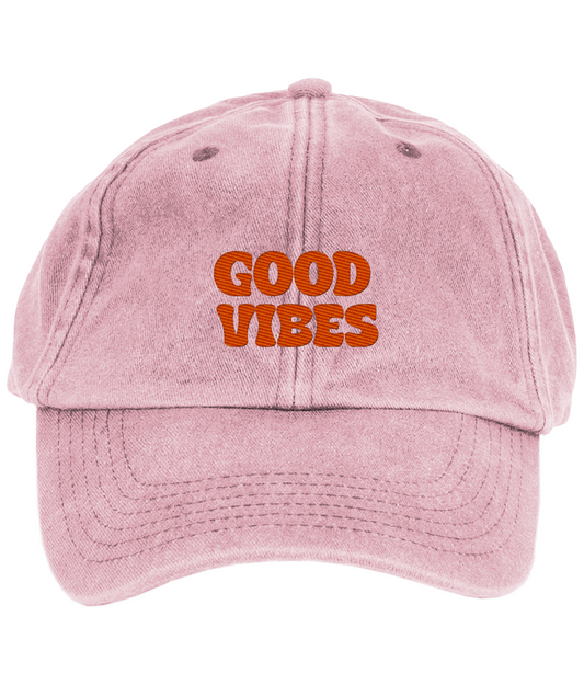 Good Vibes Vintage Denim Cap – Spread Positivity with Embroidered Text | Pale Pink & Red | Limited Edition Crypto Merch