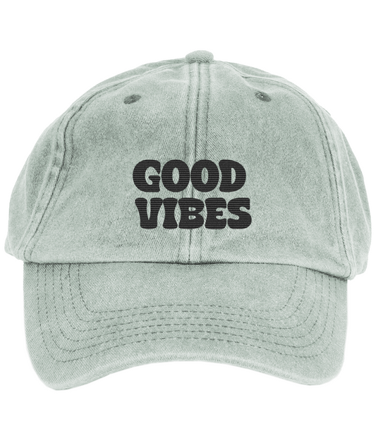 Retro Good Vibes Trucker Cap – Vintage Sage Green & Black Washed Denim Hat with Embroidered Good Vibes