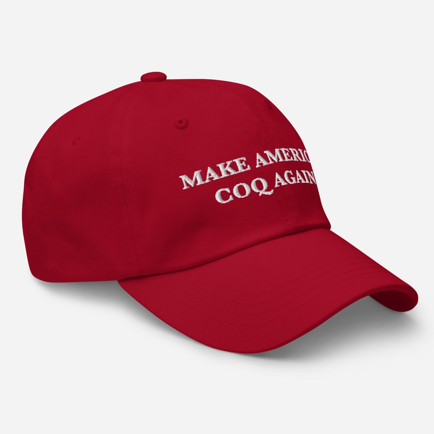 Coq inu cap, inspired by Donald Trump, with MAKE AMERICA COQ AGAIN slogan