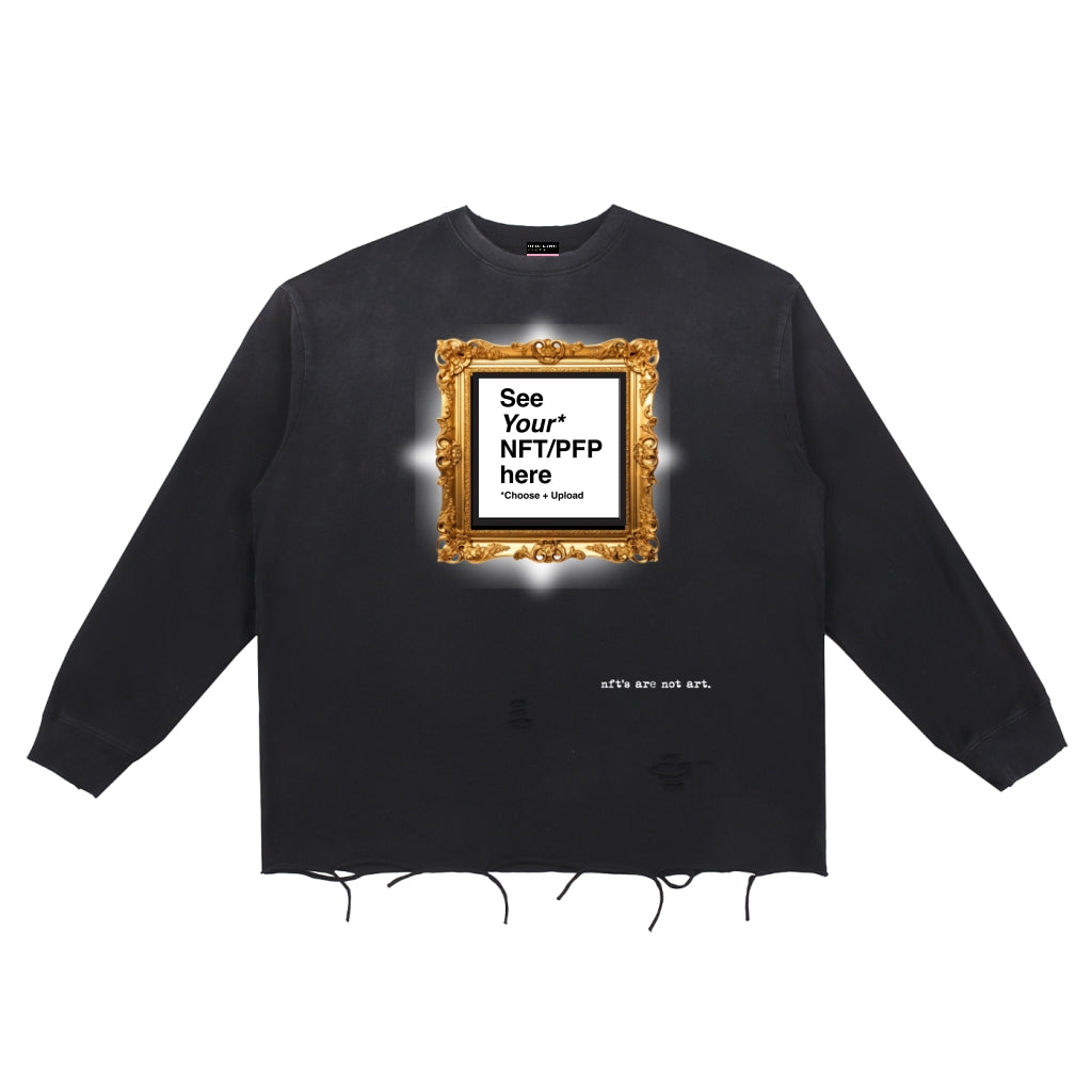 Distressed Hem NFT Sweatshirt (Black) – “nft’s are not art” Punk Web3 Streetwear
