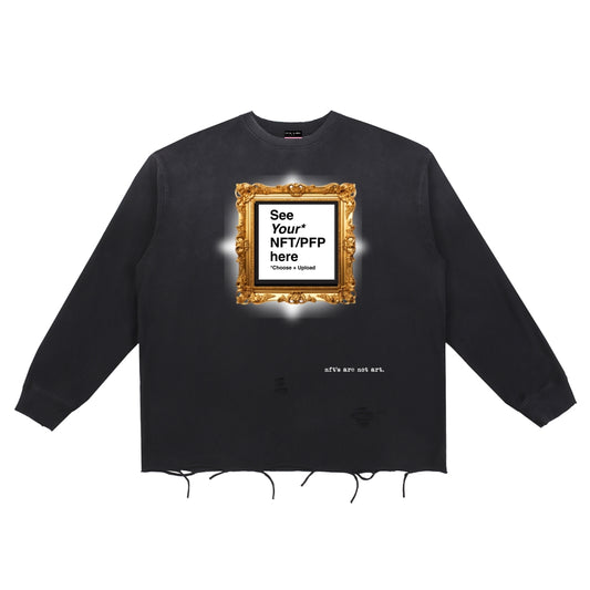 Distressed Hem NFT Sweatshirt (Black) – “nft’s are not art” Punk Web3 Streetwear