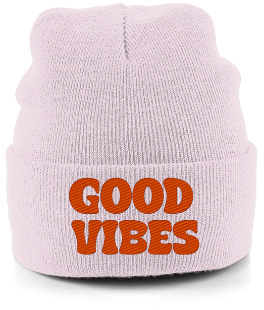 Positive Thinking Beanie – Vintage Knitted Hat with Embroidered "Good Vibes" Text | Pale Pink & Red | Crypto Merch for Positive Energy