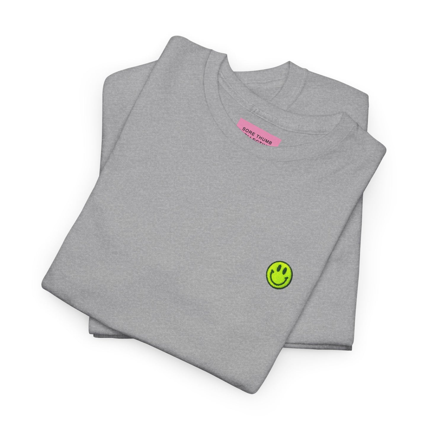 Grey Smiley Face T Shirt – Neon Yellow Embroidery