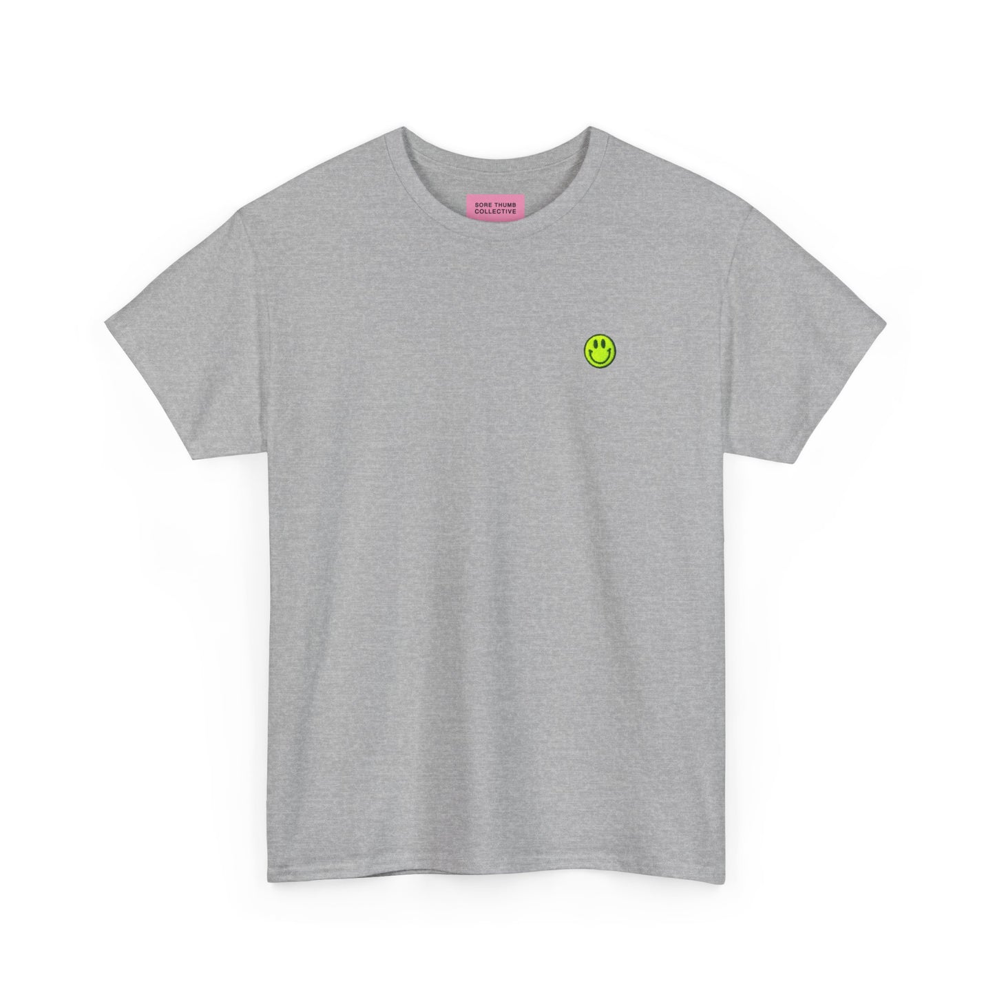 Grey Smiley Face T Shirt – Neon Yellow Embroidery