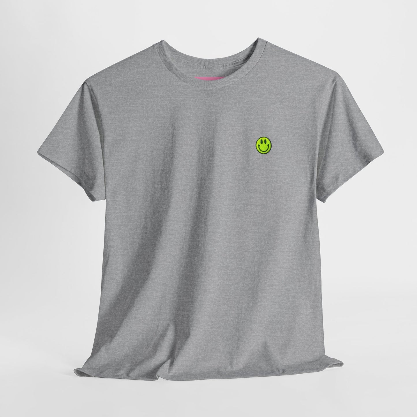 Grey Smiley Face T Shirt – Neon Yellow Embroidery