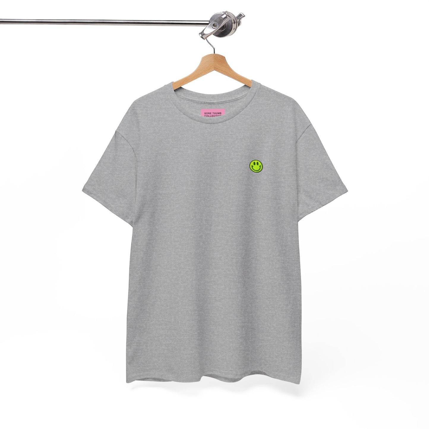 Grey Smiley Face T Shirt – Neon Yellow Embroidery